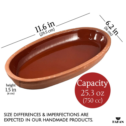 Hakan Bergama Oval Clay Pan Set of 2, 6.2x11.6-inch Large 25.3 Oz Glazed Inside