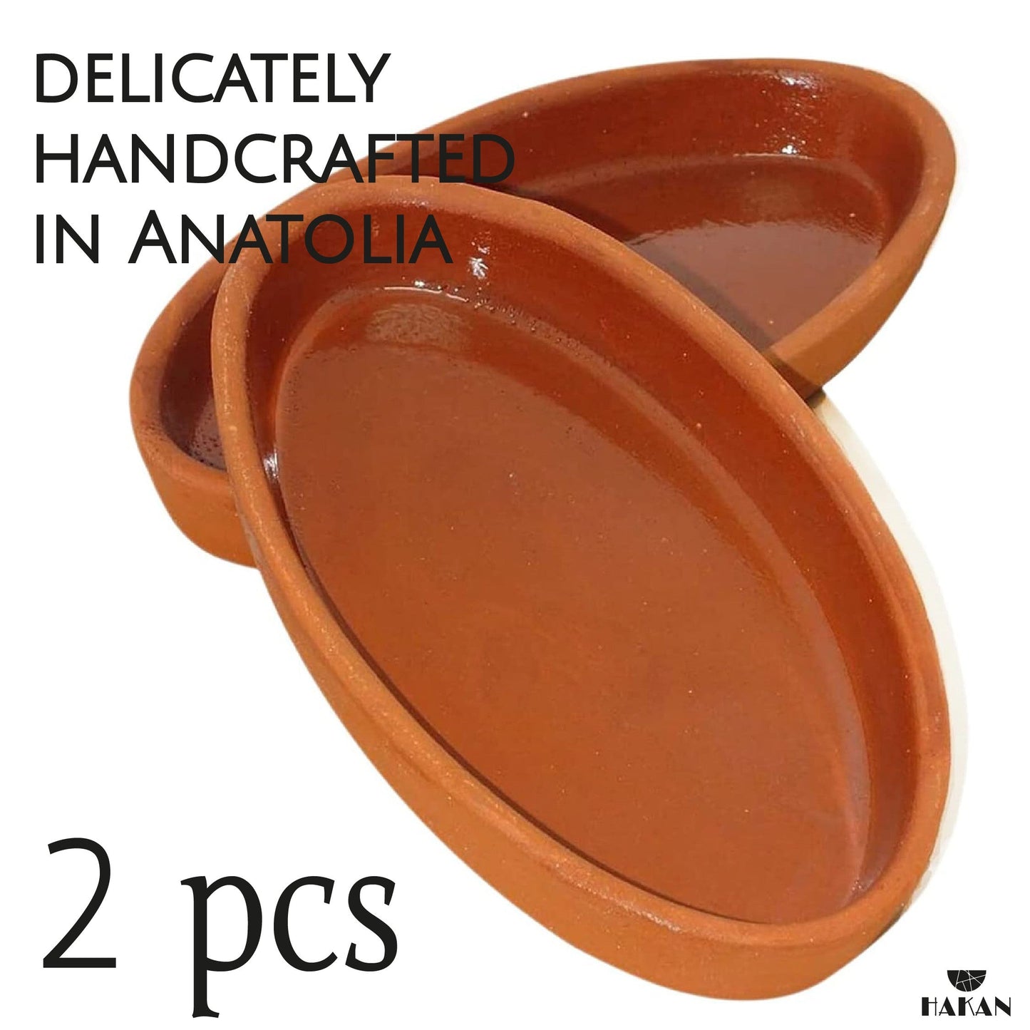 Hakan Bergama Oval Clay Pan Set of 2, 6.2x11.6-inch Large 25.3 Oz Glazed Inside