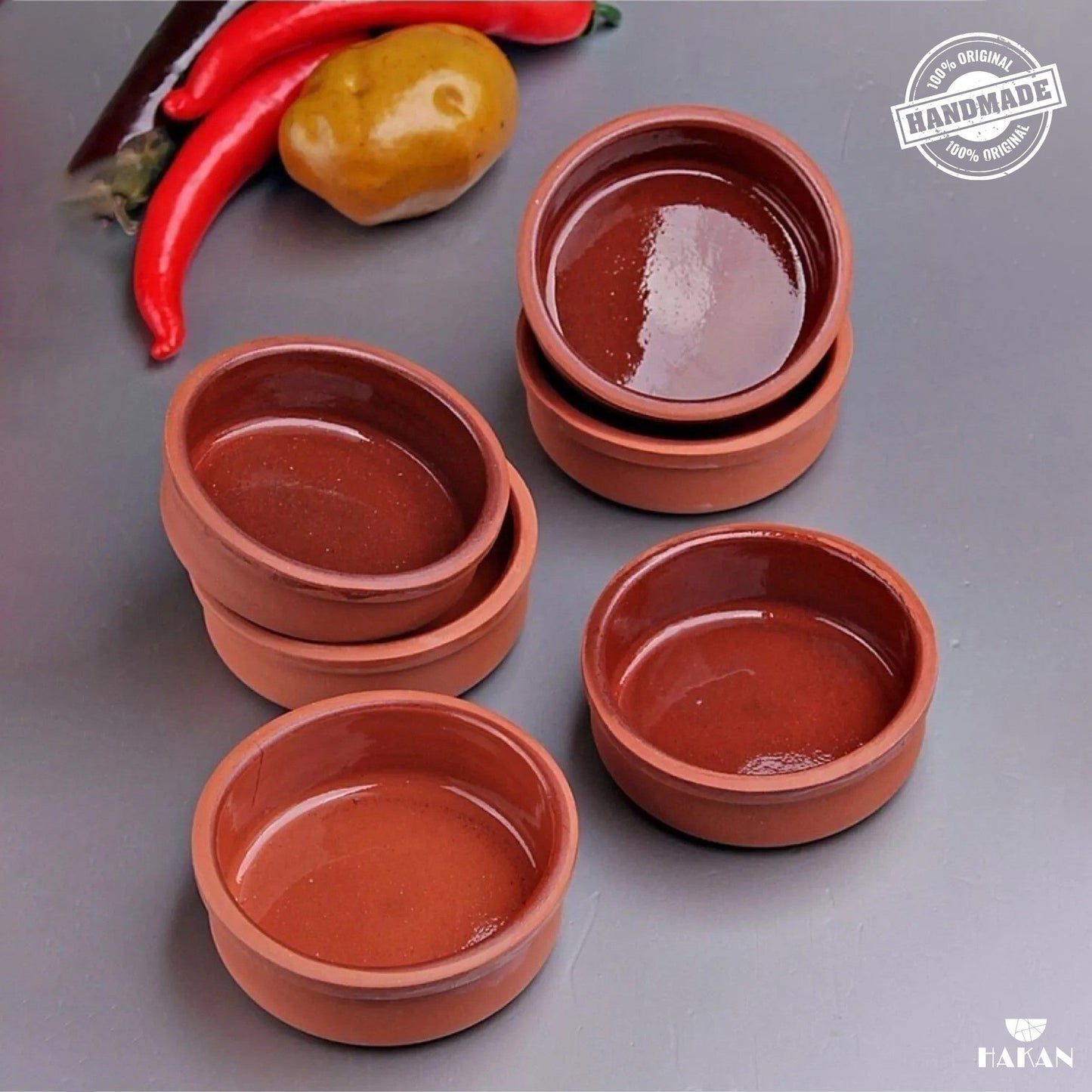 Hakan Hitit Clay Bowl Set of 6, Terracotta 4.5-inch Bowls, 8.5 Oz Glazed Inside