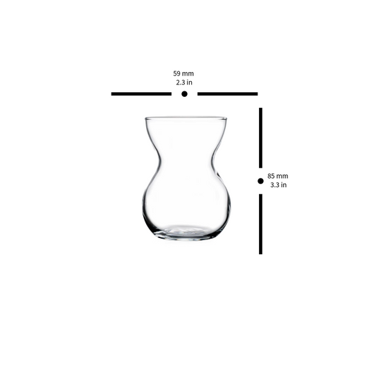 Clear glass vase with dimensions on a white background
