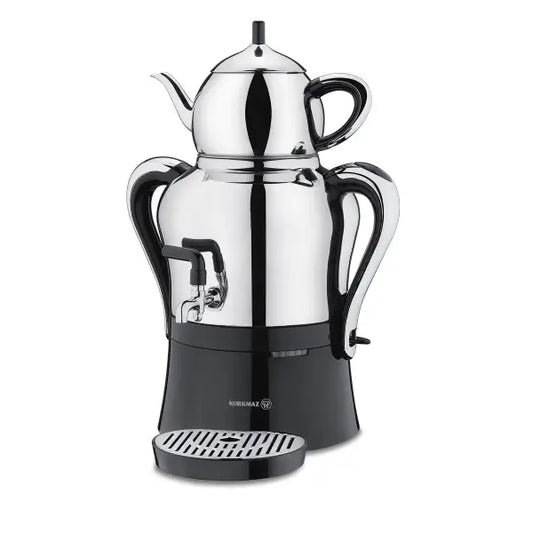 Stainless steel Turkish tea maker with black handles on a white background