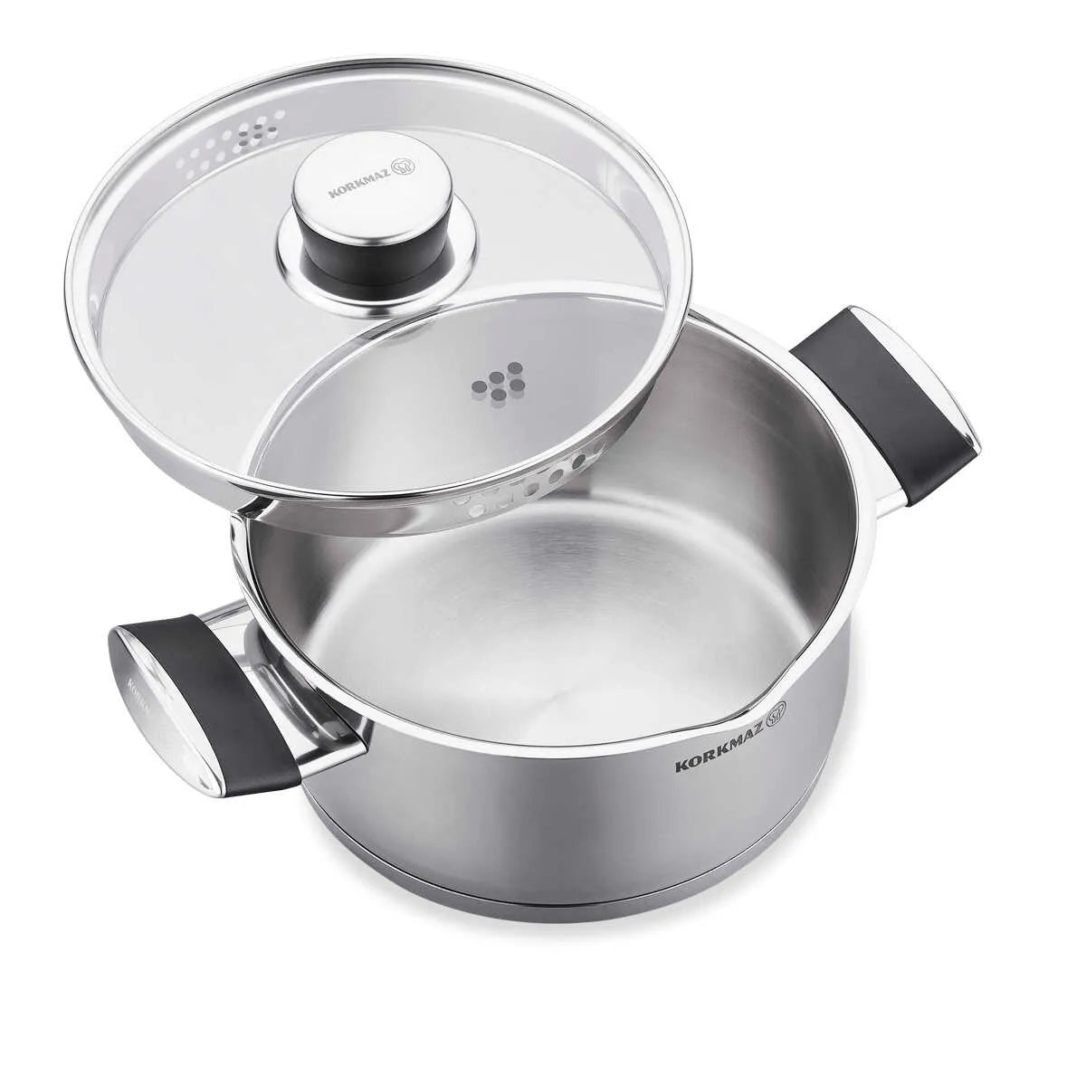 Korkmaz Pera 24 cm Deep Stockpot with Strainer Lid – Large Stainless Steel Pot for Soups & Stews