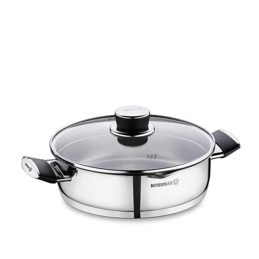 Korkmaz Pera 24 cm Saute Pan with Strainer Lid – Low Stainless-Steel Cookware