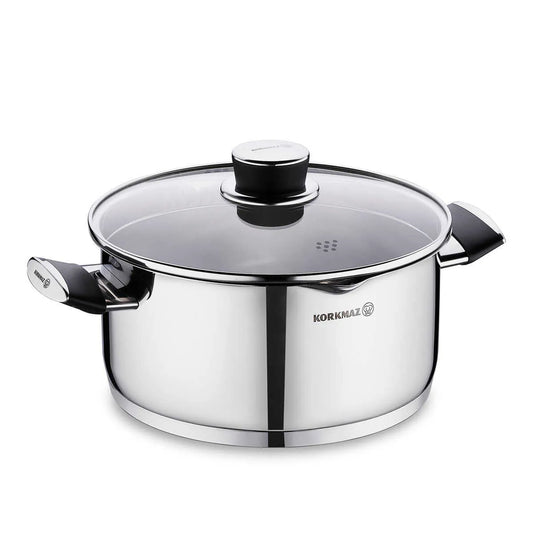 Korkmaz Pera 24 cm Cooking Pot with Strainer Lid – Medium Stainless Steel Cookware
