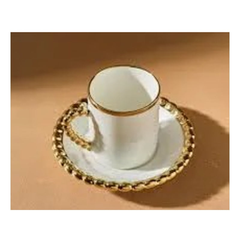 Karaca Boncuk 6-Person Porcelain Turkish Coffee Cup Set - Gold Beaded Saucer (12-Piece)