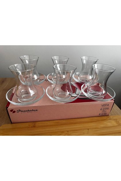 Pasabahce Vefa 12-Piece Authentic Turkish Tea Set (6 Fluted Glasses + 6 Glass Saucers)