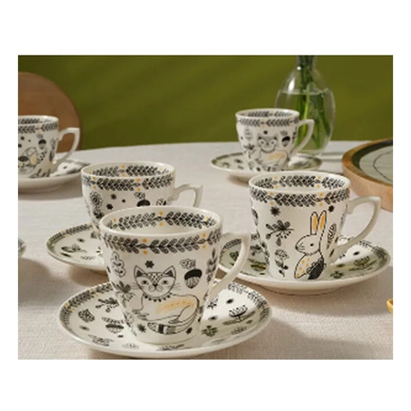 Karaca Animal Garden 6-Person Porcelain Turkish Coffee Cup Set - Botanical & Wildlife, 90ml (12-Piece)