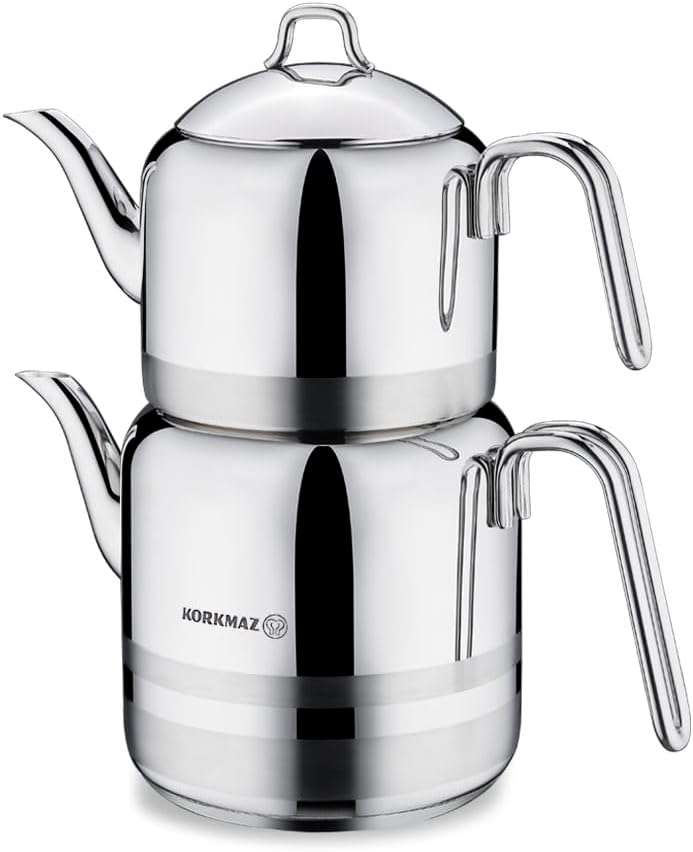 Korkmaz Mega 18/10 Stainless Steel Stovetop Double Turkish Teapot Set (Silver) - A113