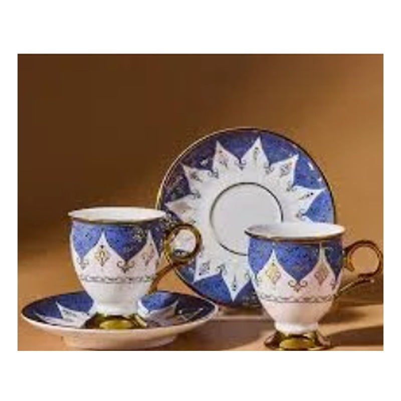 Karaca Merve 2-Person Porcelain Turkish Coffee Cup Set - Cobalt Blue & Gold Lace (4-Piece)