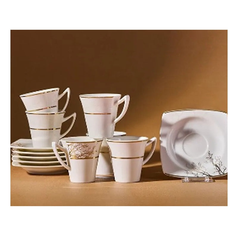 Karaca Autumn 6-Person Porcelain Turkish Coffee Cup Set - Modern Square Saucer & Gold (12-Piece)