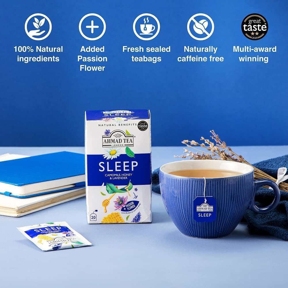 Ahmad Tea Herbal Tea, Camomile, Honey, & Lavender 'Sleep' Natural Benefits Teabags, 20 ct (Pack of 6) - Decaffeinated & Sugar-Free