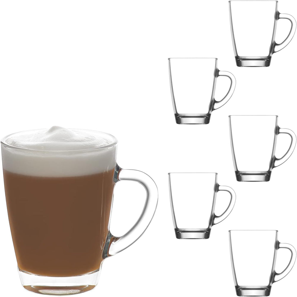 LAV Glass Coffee Mugs for Hot Beverages Set of 6 - Clear Coffee Mug with Handle 9 oz - for Tea, Espresso, Cappuccino - Glass Latte Mugs, Mothers Day Gifts