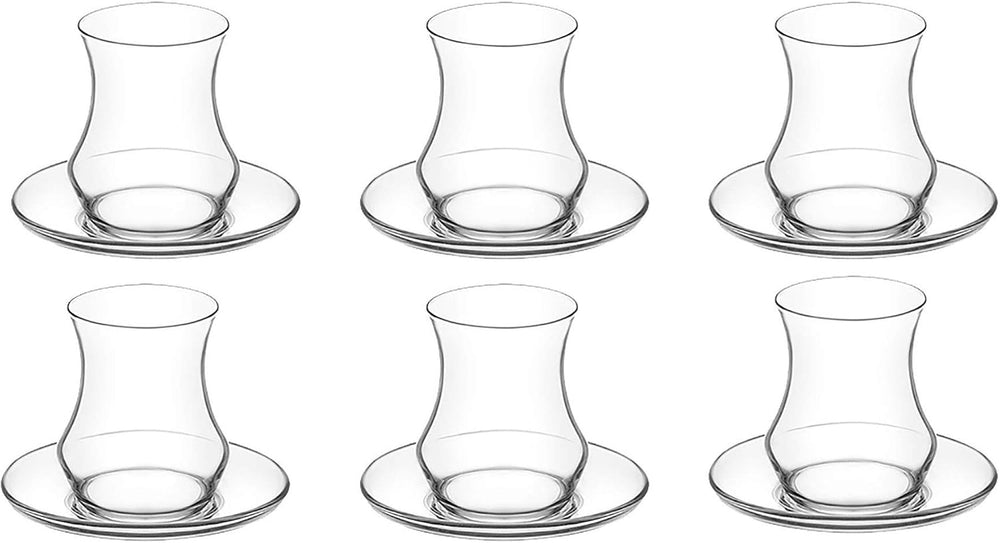 LAV Set of 12 Tea glasses cups and saucers 5.75 oz for Turkish Mint Herbal Tea and Coffee Latte Cappucino Espresso Hot and Cold Drinks Glassware Dishwasher Safe Made in Turkey (EDA332, 12)