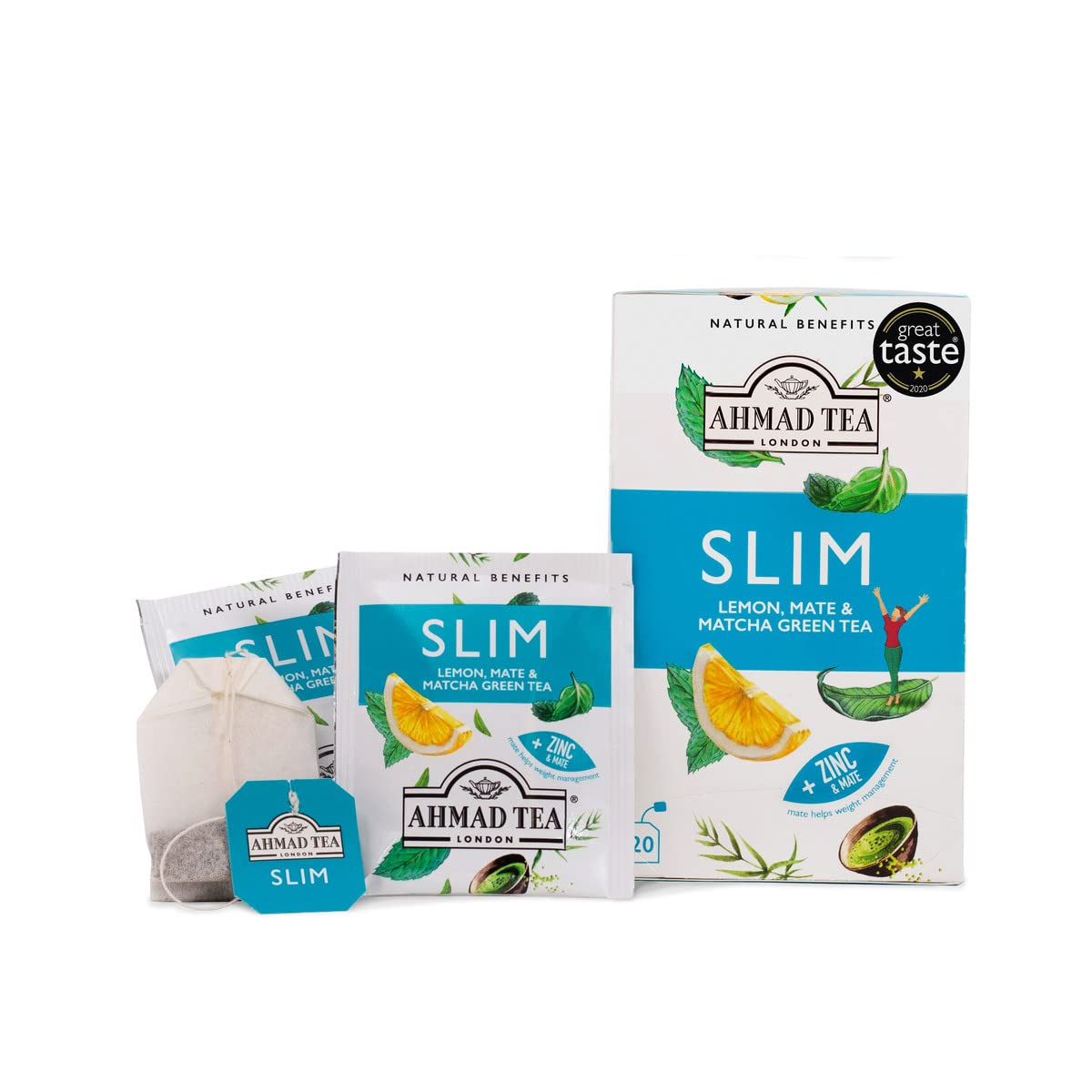 Ahmad Tea Green Tea, Lemon, Mate, & Matcha 'Slim' Natural Benefits Teabags, 20 ct (Pack of 1) - Caffeinated & Sugar-Free
