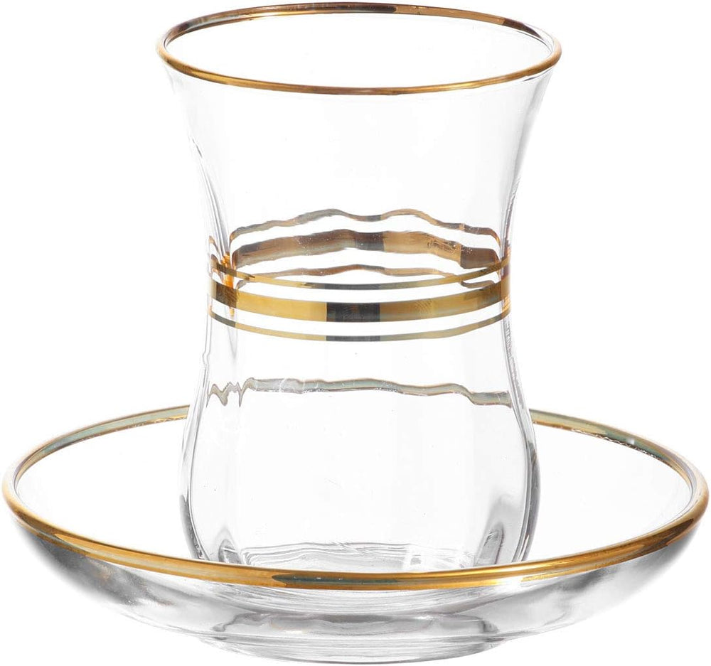 LAV Turkish Tea Cups and Saucers Set 12-Piece - Turkish Tea Set with Turkish Tea Glasses - Authentic Turkish Tea Glasses Set with Gold Rim