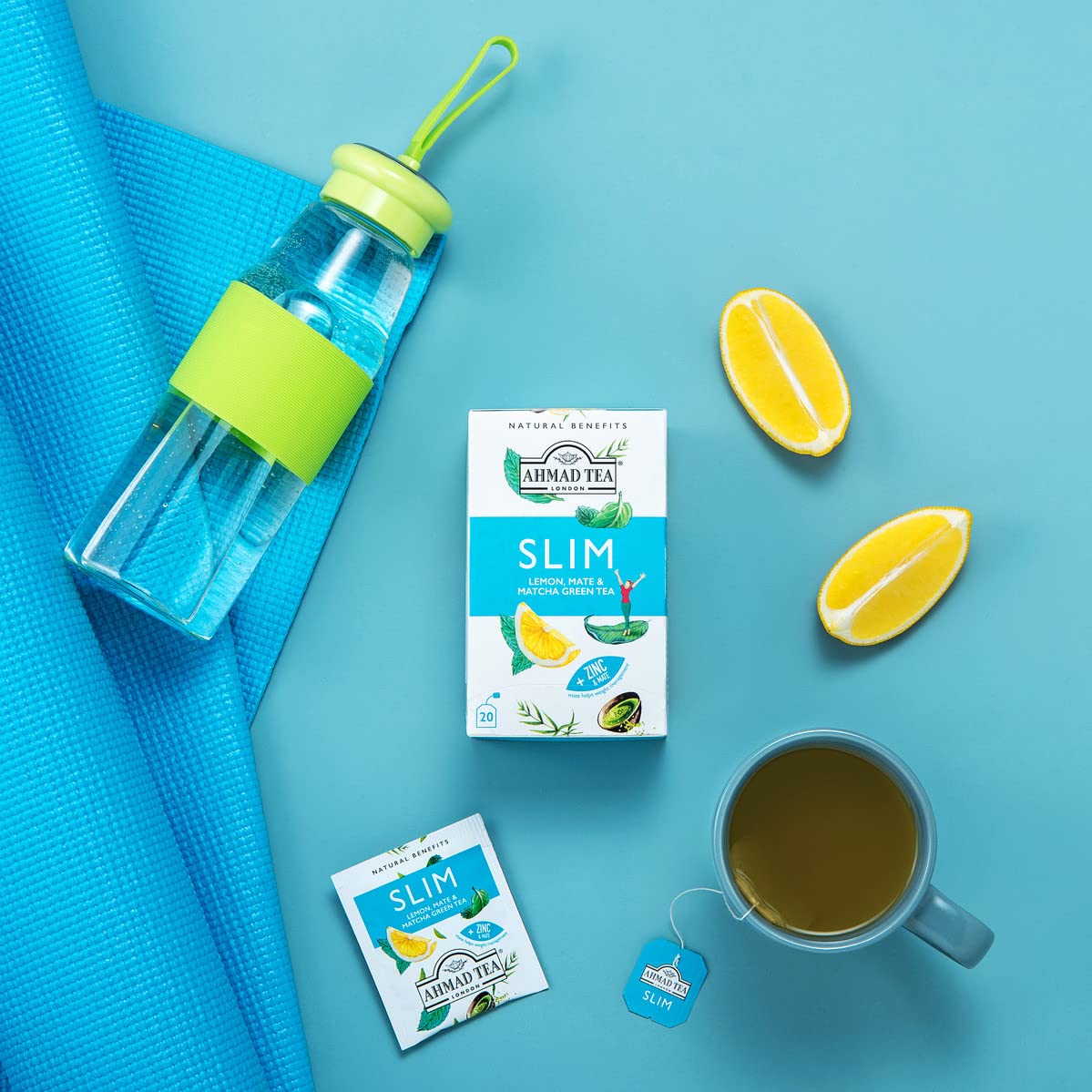 Ahmad Tea Green Tea, Lemon, Mate, & Matcha 'Slim' Natural Benefits Teabags, 20 ct (Pack of 1) - Caffeinated & Sugar-Free