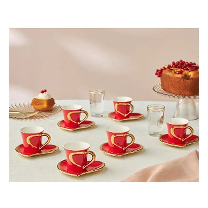 Karaca Kalpten 6-Person Porcelain Turkish Coffee Cup Set - Red Heart Saucer, 90ml (12-Piece)