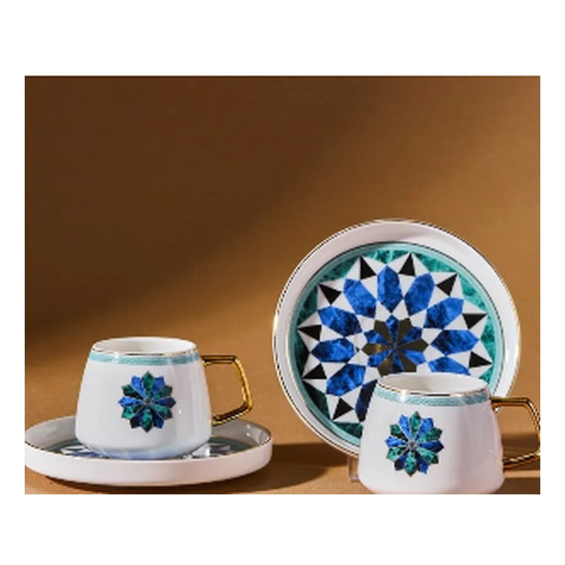 Karaca Roman 2-Person Porcelain Turkish Coffee Cup Set - Blue & Turquoise Tile Mosaic (4-Piece)