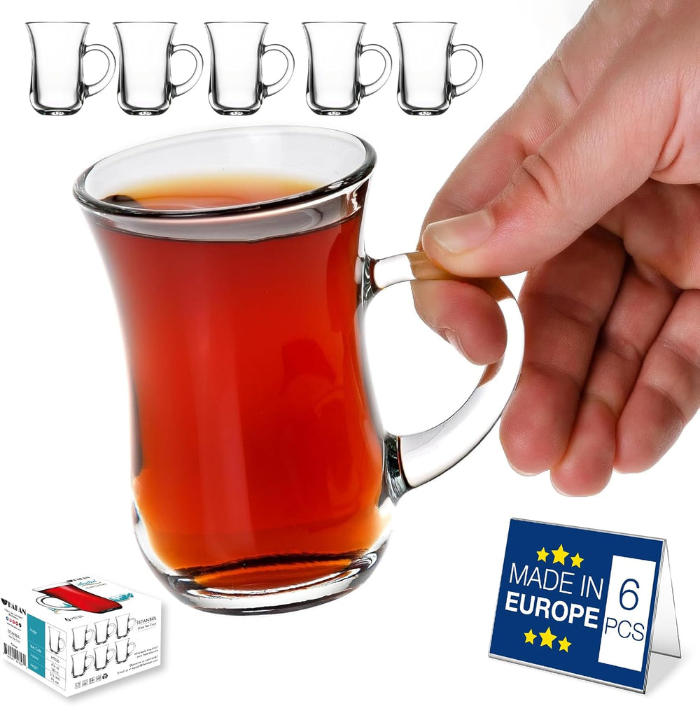 Hakan Istanbul Turkish Tea Glasses with Handles, Small Glass Tea Cups, Turkish Clear Teacup Set, Modern Tea Glasses, Drinkware for Hot and Cold Beverages with Special Box, 6 Pcs, 4.9 oz