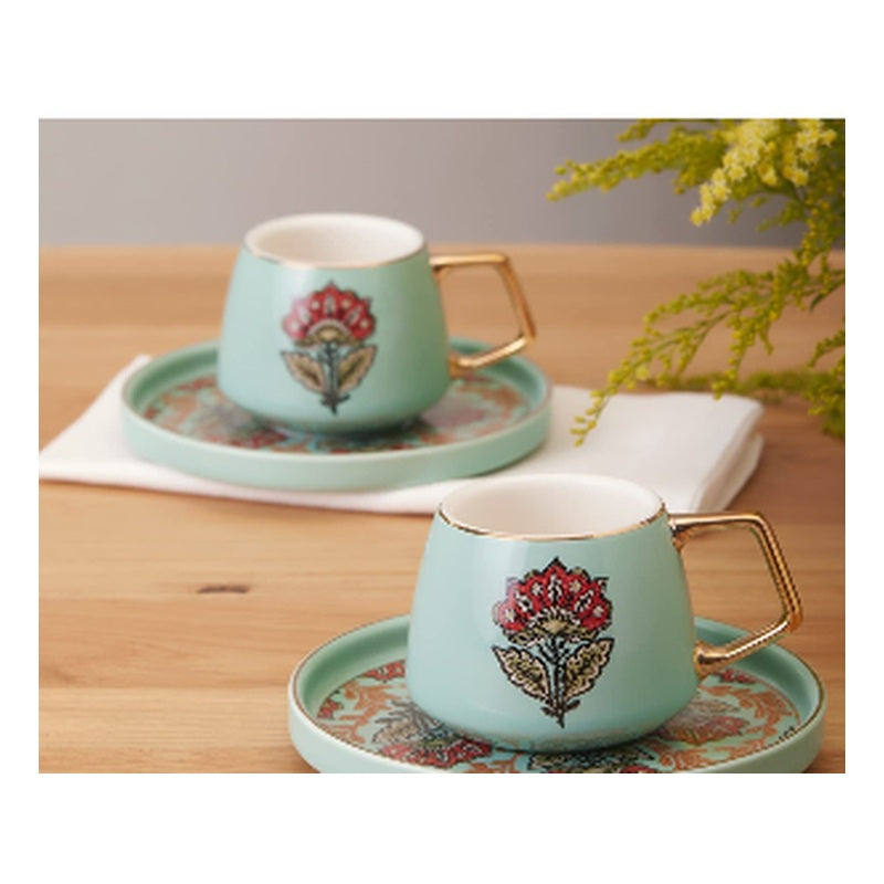 Karaca Karena 2-Person Porcelain Turkish Coffee Cup Set - Mint Green Floral (4-Piece)