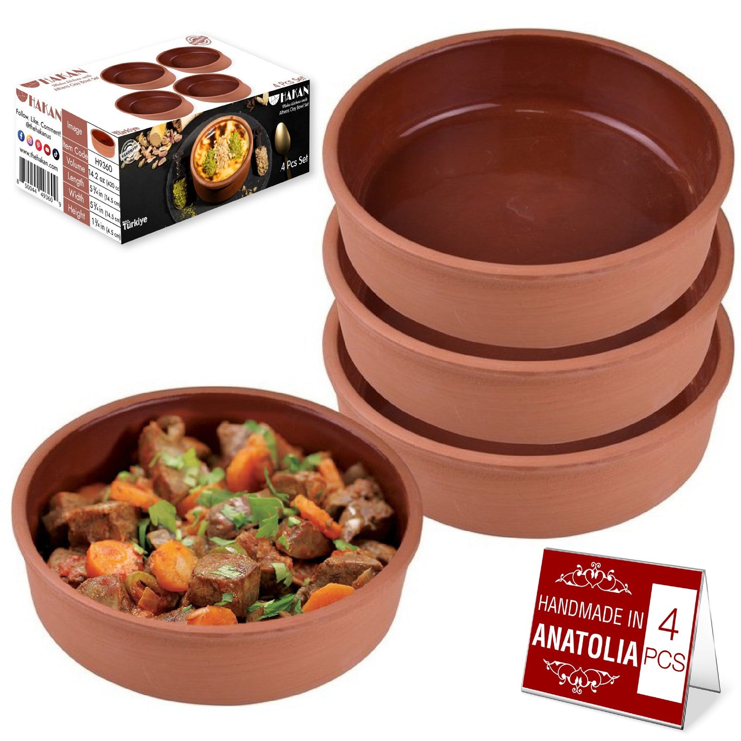 Hakan Athens Clay Bowl Set of 4, Terracotta 5.7-inch Bowls, 14.2 Oz Glazed Inside