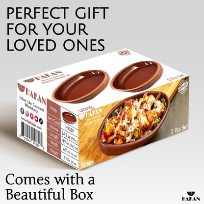 Hakan Bergama Oval Clay Pan Set of 2, 6.2x11.6-inch Large 25.3 Oz Glazed Inside
