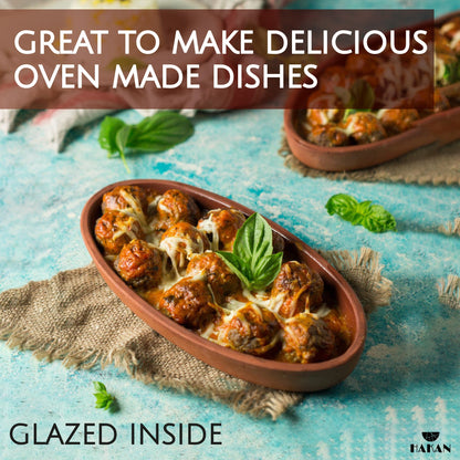 Hakan Bergama Oval Clay Pan Set of 2, 6.2x11.6-inch Large 25.3 Oz Glazed Inside