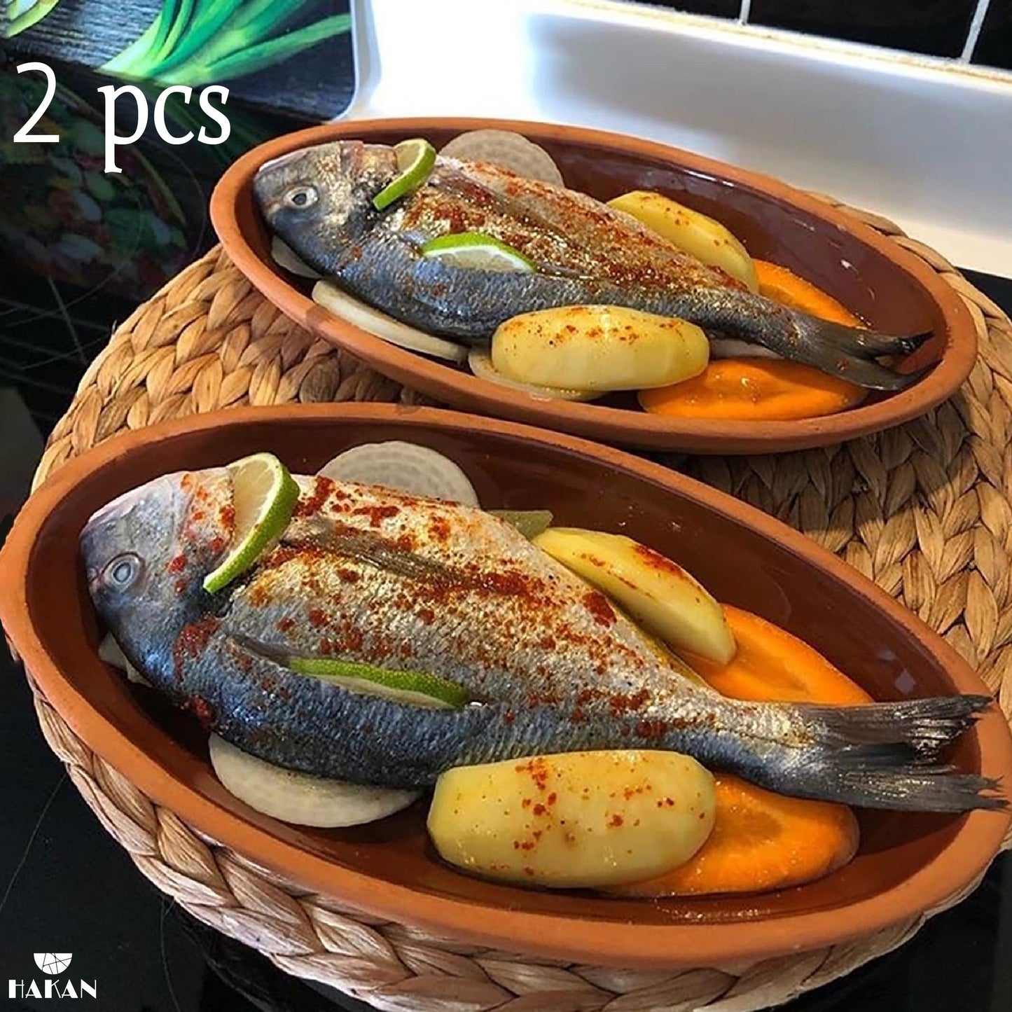 Hakan Bergama Oval Clay Pan Set of 2, 6.2x11.6-inch Large 25.3 Oz Glazed Inside