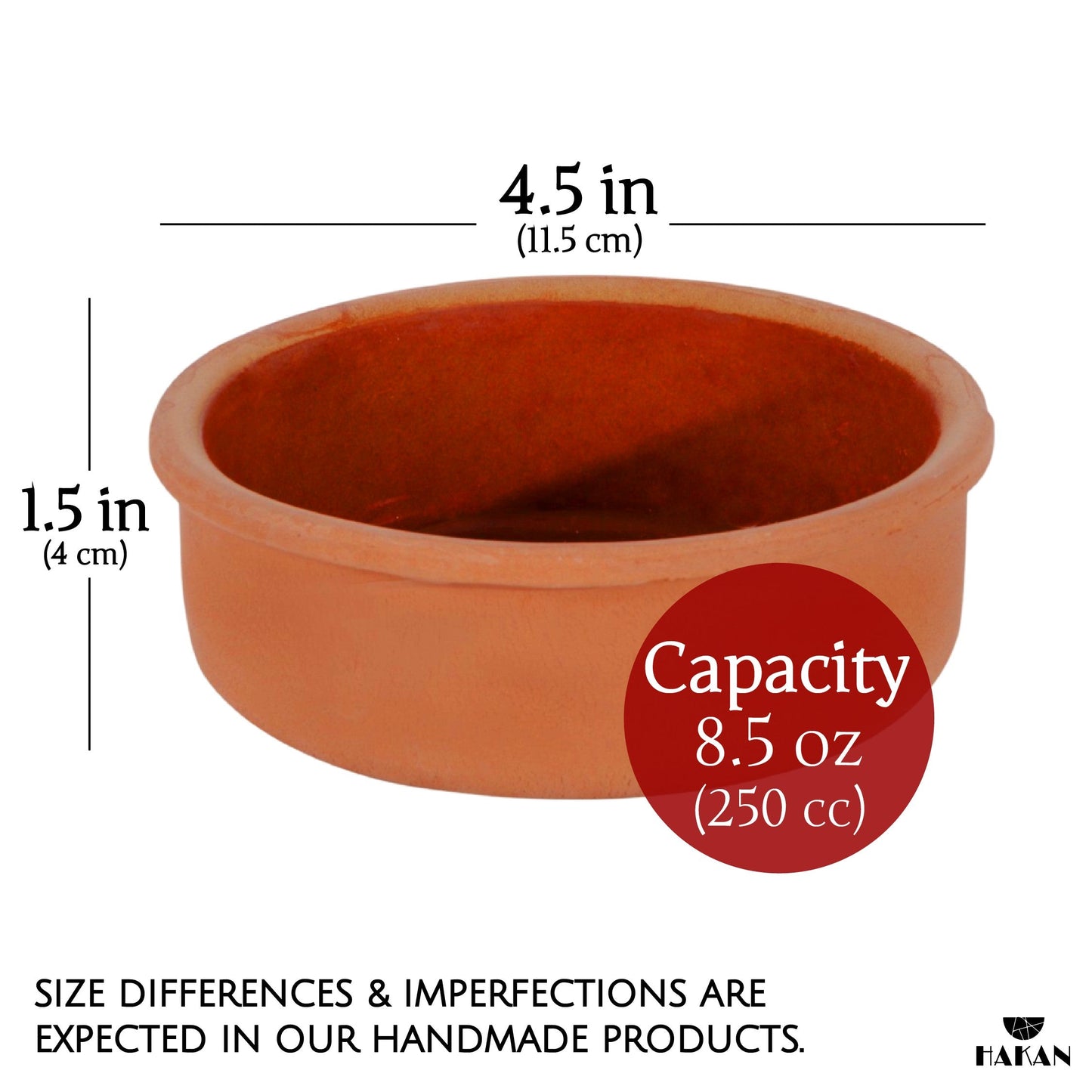 Hakan Hitit Clay Bowl Set of 6, Terracotta 4.5-inch Bowls, 8.5 Oz Glazed Inside
