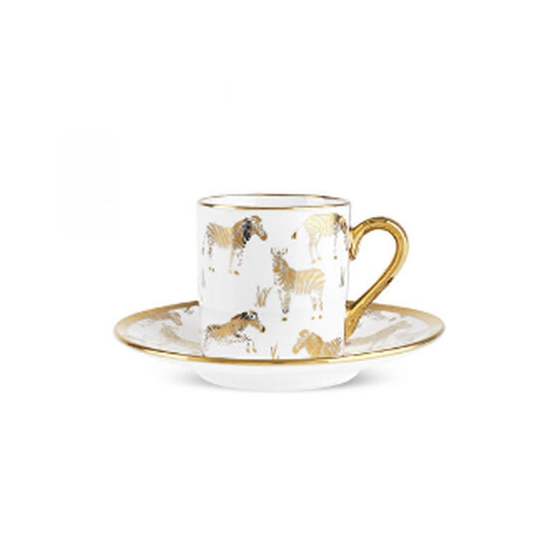 Karaca Zebra Gold 6-Person Porcelain Turkish Coffee Cup Set - Gold Zebra Illustration (12-Piece)