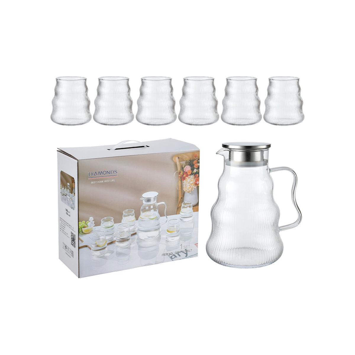 DIAMONDS Aura Crystal 7-Piece Carafe & Beverage Set (1.65L Pitcher + 6 Glasses)