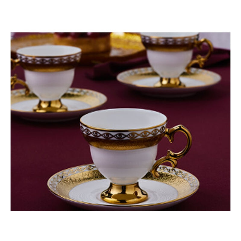 Karaca Hurrem 6-Person Footed Porcelain Turkish Coffee Cup Set - Ottoman Palace Gold (12-Piece)