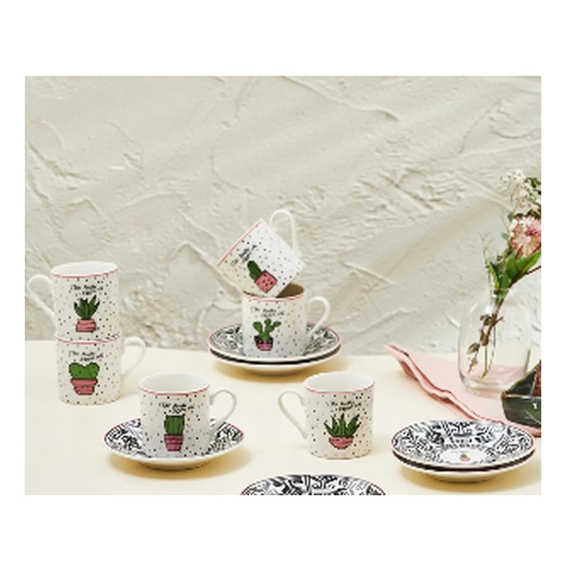 Karaca Bali 6-Person Porcelain Turkish Coffee Cup Set - Tropical Floral, 80ml (12-Piece)