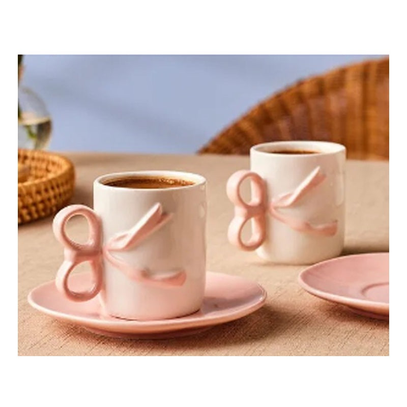Karaca Ribbon 2-Person Porcelain Turkish Coffee Cup Set - 3D Bow Handle (4-Piece)
