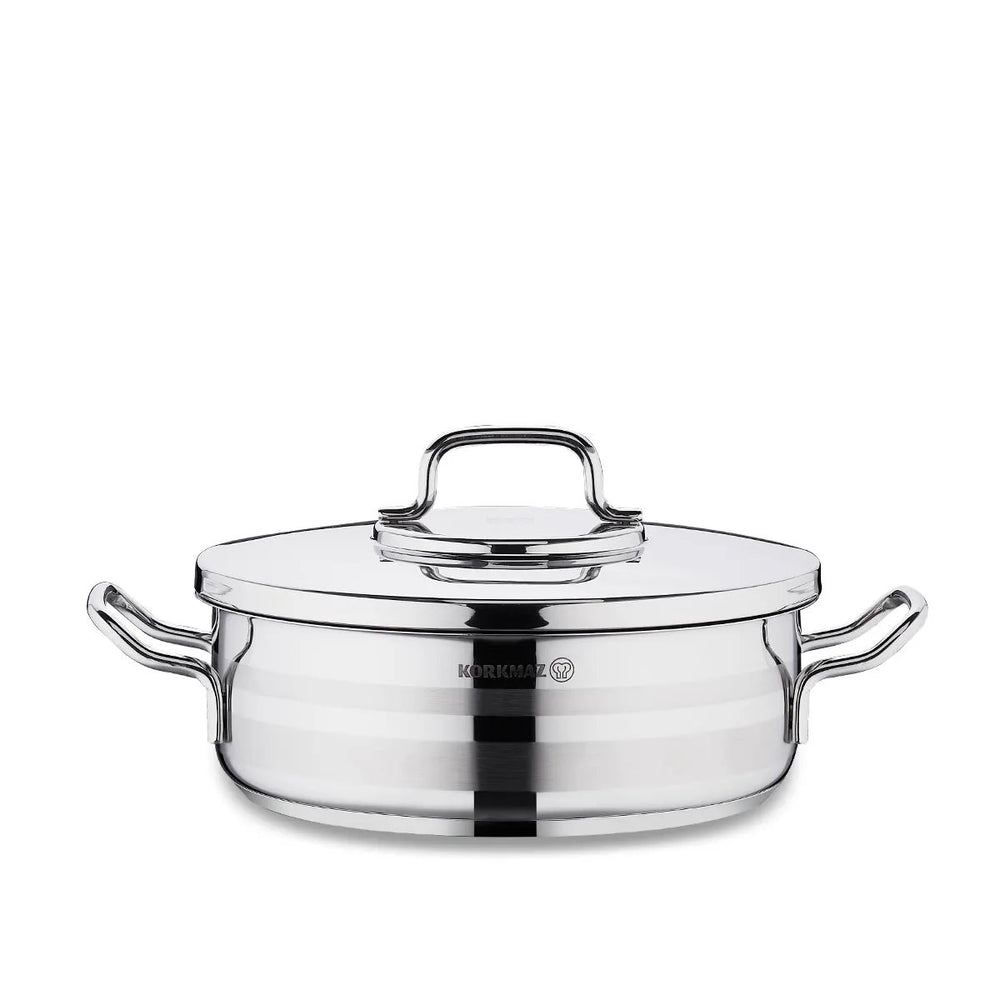 Korkmaz Astra2 Professional 18/10 Stainless Steel Low Casserole Shallow Pot with Lid 26x8.5 cm - A2035