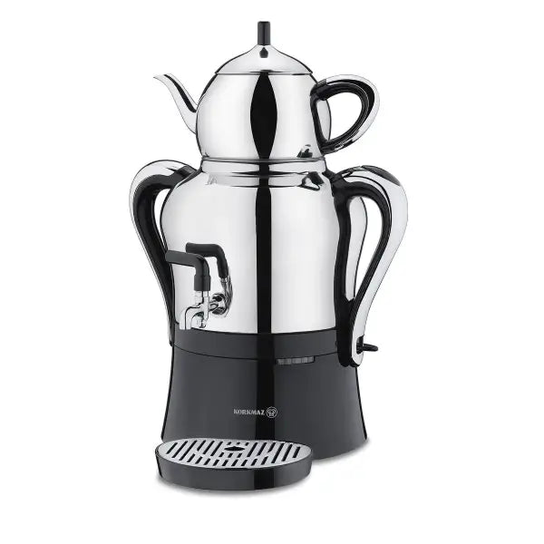 Stainless steel Turkish tea maker  with black handles on a white background