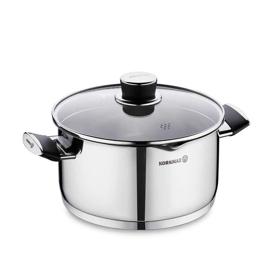 Korkmaz Pera 24 cm Deep Stockpot with Strainer Lid – Large Stainless Steel Pot for Soups & Stews