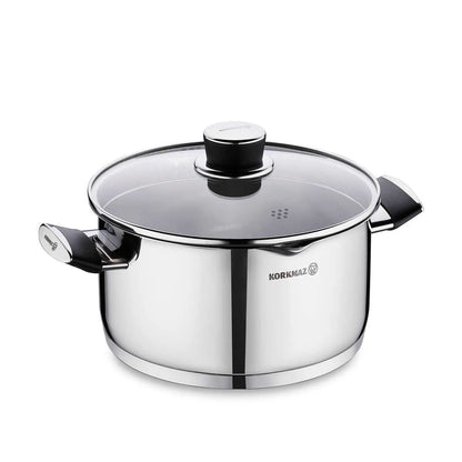Korkmaz Pera 24 cm Deep Stockpot with Strainer Lid – Large Stainless Steel Pot for Soups &amp; Stews