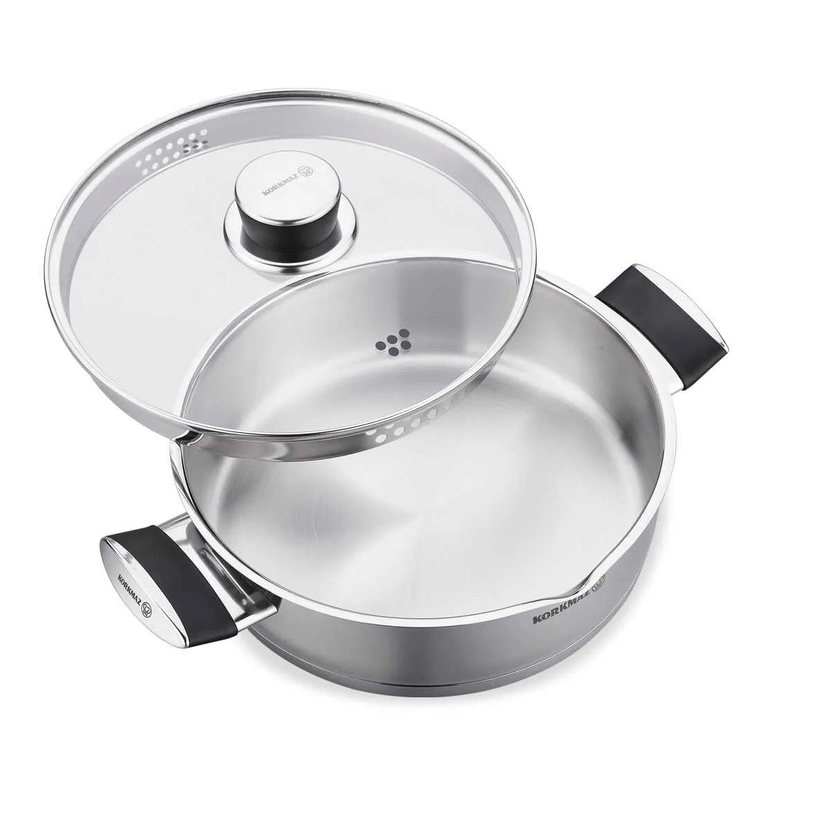 Korkmaz Pera 24 cm Saute Pan with Strainer Lid – Low Stainless-Steel Cookware