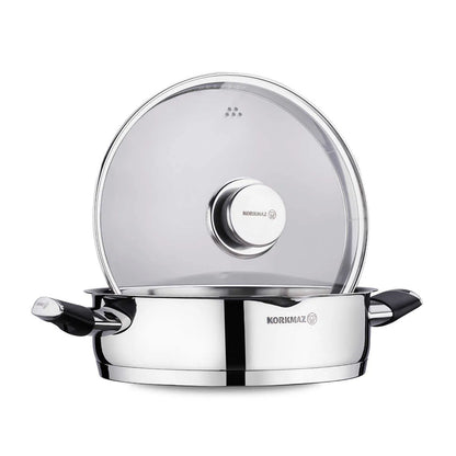 Korkmaz Pera 24 cm Saute Pan with Strainer Lid – Low Stainless-Steel Cookware