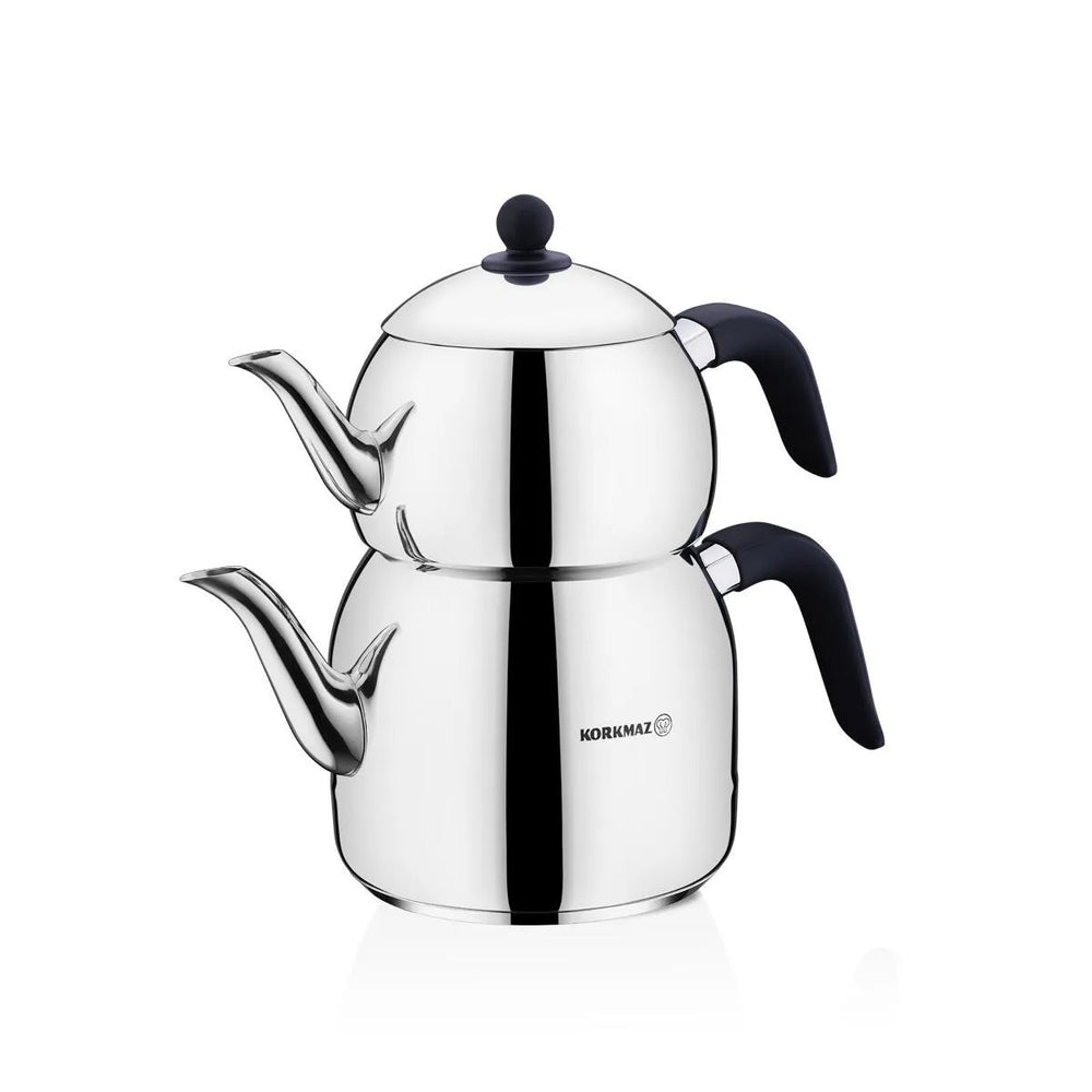 Korkmaz Retro 18/10 Stainless Steel Stovetop Double Turkish Teapot Set (Black) - A194