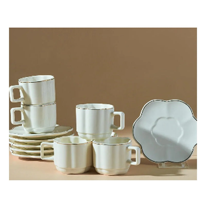 Karaca Ezgi 6-Person Porcelain Turkish Coffee Cup Set - Fluted White & Gold (12-Piece)