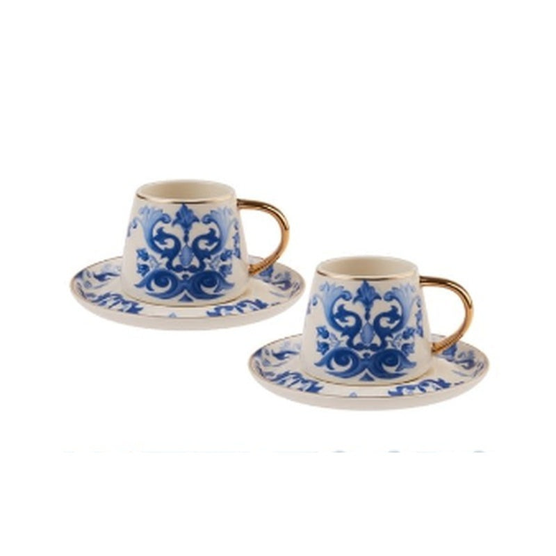 Karaca Parla 2-Person Porcelain Turkish Coffee Cup Set - Royal Blue Damask & Gold (4-Piece)