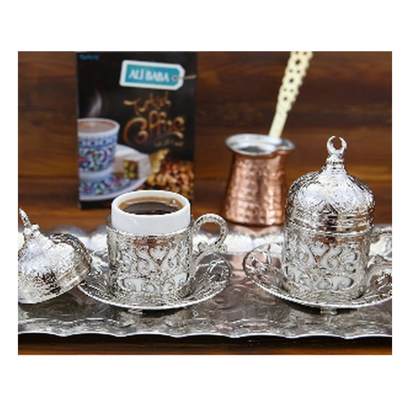 Ali Baba Traditional Ottoman Turkish Coffee Gift Set for 2 with Copper Cezve Pot & 100g Turkish Coffee