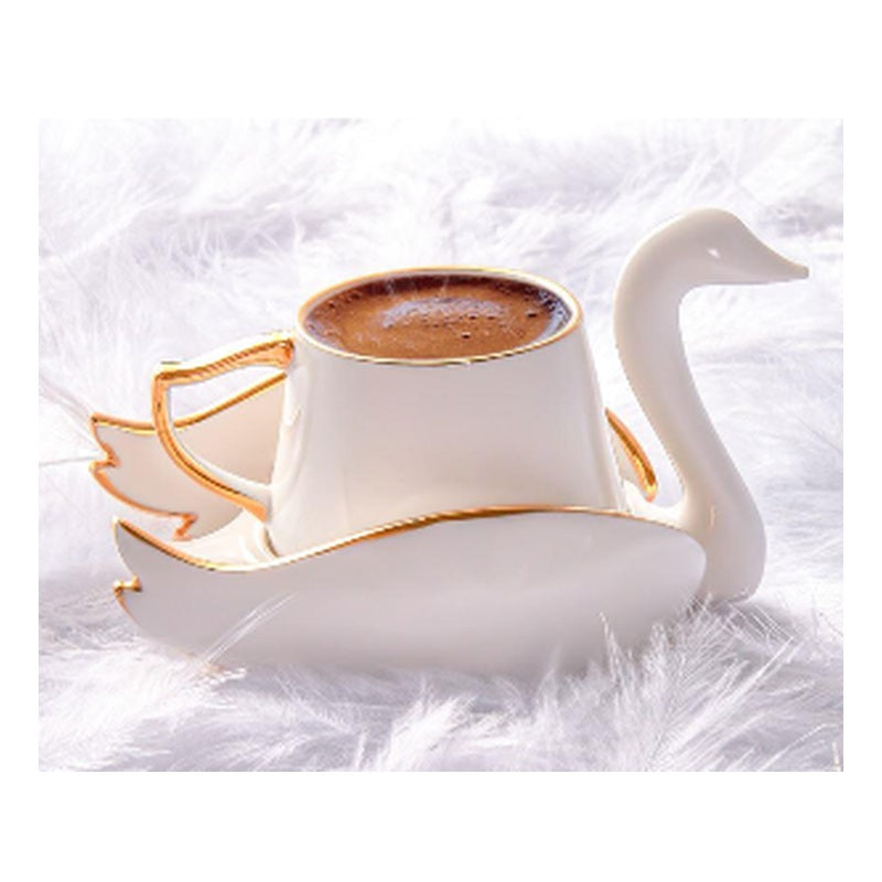 Karaca Kugu 2-Person Porcelain Turkish Coffee Cup Set - Graceful White Swan Saucers (4-Piece)