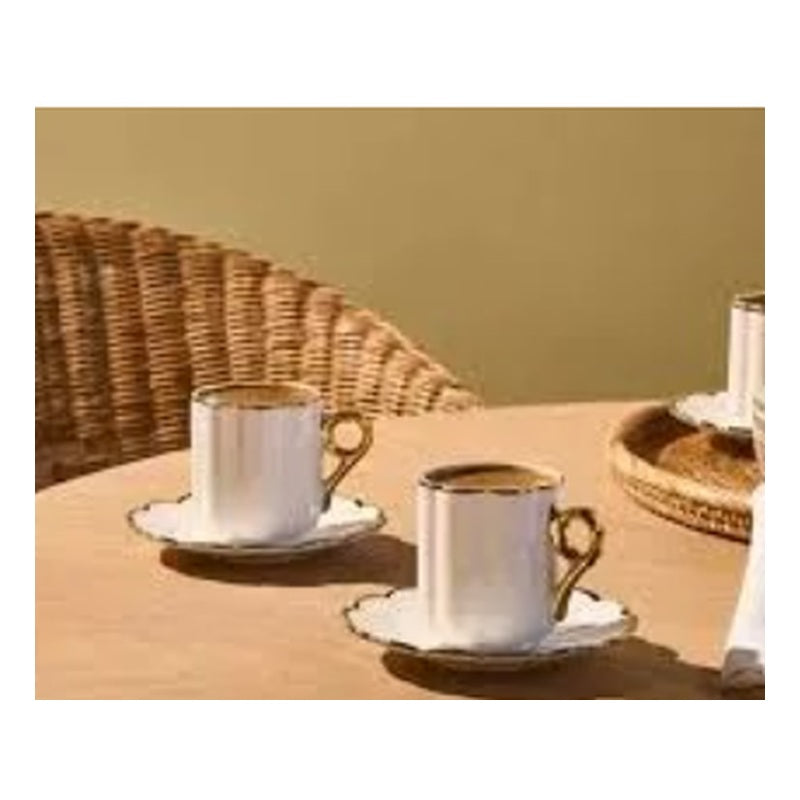 Karaca Feyza 6-Person Porcelain Turkish Coffee Cup Set - Fluted Gold Rim (12-Piece)