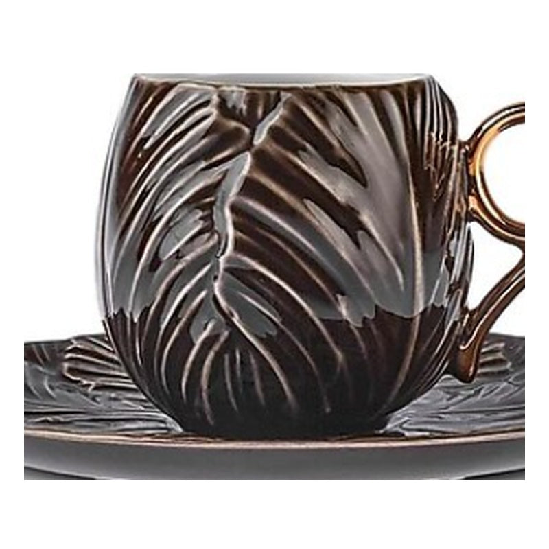Karaca Globe 6-Person Porcelain Turkish Coffee Cup Set - Bronze Leaf Relief, 80ml (12-Piece)