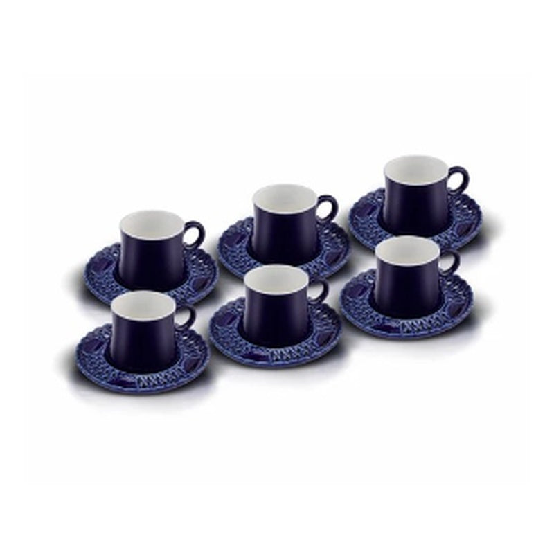Karaca Dantel 6-Person Porcelain Turkish Coffee Cup Set - Cobalt Lace Saucer (12-Piece)