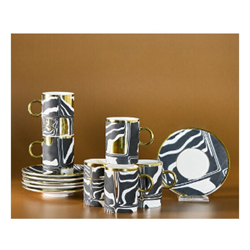 Karaca Tales 6-Person Porcelain Turkish Coffee Cup Set - Modern Geometric Art (12-Piece)