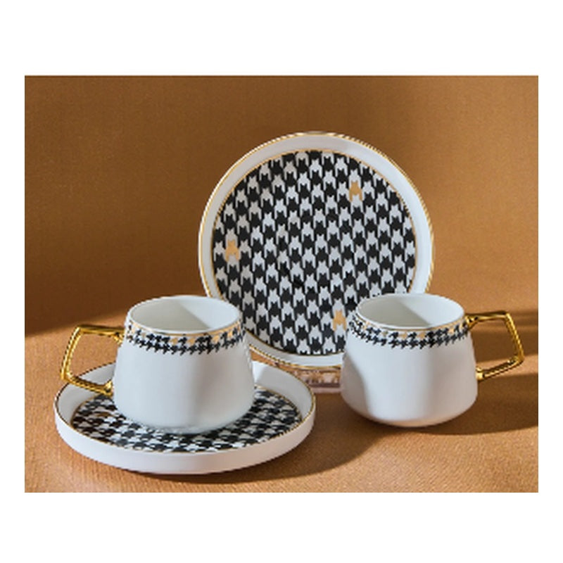 Karaca Kazayagi 2-Person Porcelain Turkish Coffee Cup Set - Black Houndstooth & Gold, 90ml (4-Piece)